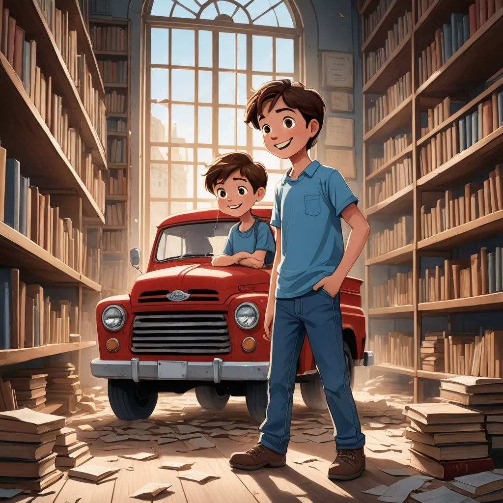 a man and a boy standing in front of a red truck in a library filled with books and bookshelves, lyco art, a storybook illustration, Brothers Hildebrandt, official art