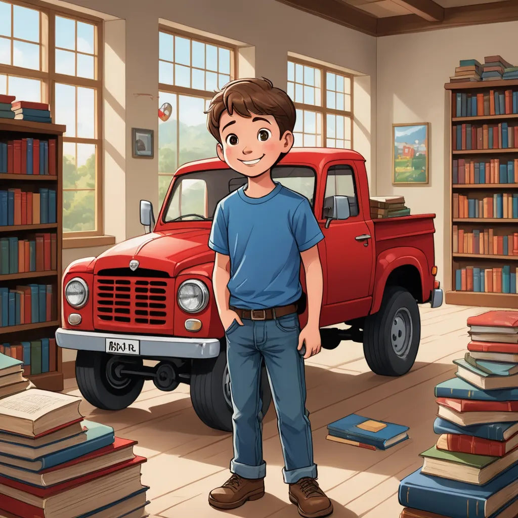 a boy standing in front of a red truck in a library with books on the floor and a bookcase full of books, lyco art, a storybook illustration, Anson Maddocks, storybook illustration