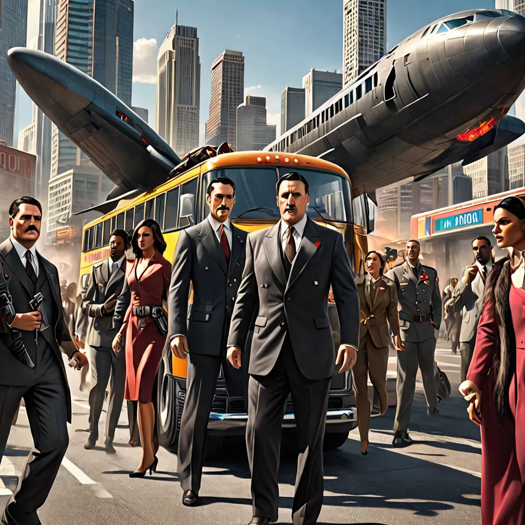 a group of people walking down a street next to a bus and a plane in the background with a city skyline, socialist realism, a detailed matte painting, Dong Kingman, key art