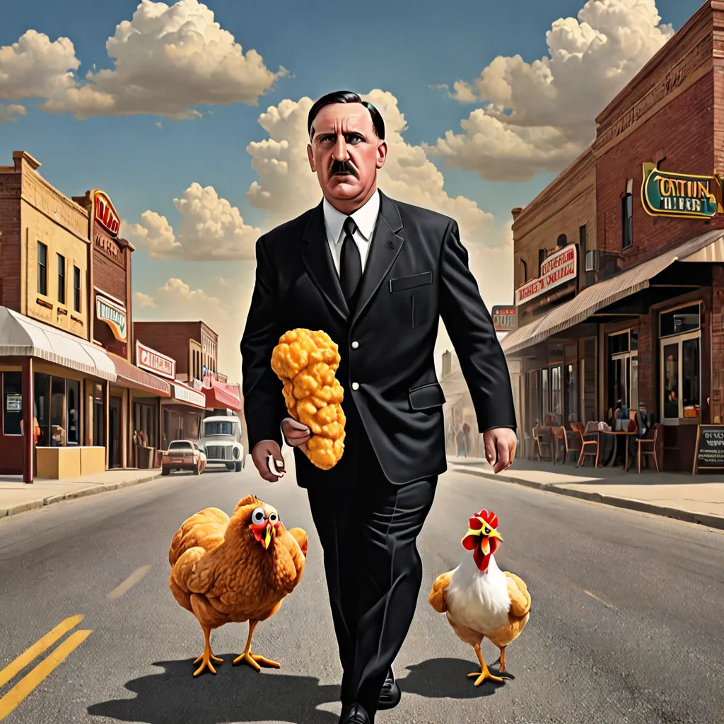 a man in a suit and tie walking down a street with chickens in front of him and a chicken in the middle of the road, pop surrealism, a surrealist painting, Adolf Born, highly detailed digital painting