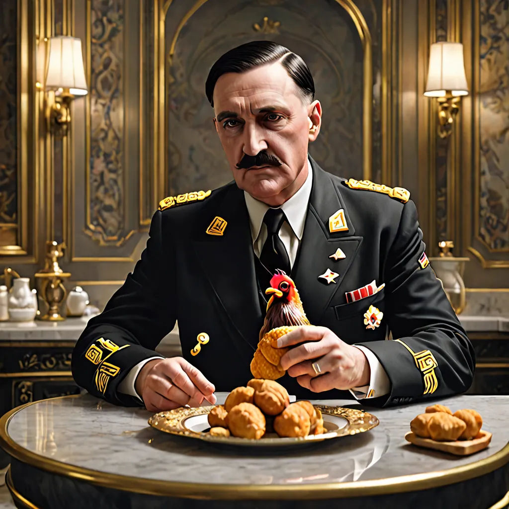 a man in uniform eating a plate of food with a fork and knife in his hand and a chicken on a plate, sots art, a hyperrealistic painting, Christian W. Staudinger, highly detailed digital painting