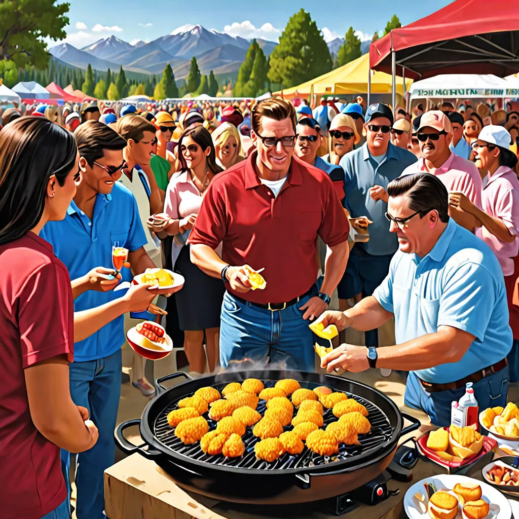 a painting of a man serving food to a crowd of people at a picnic table with a grill and a red tent, american realism, a digital rendering, F Scott Hess, extremely detailed oil painting