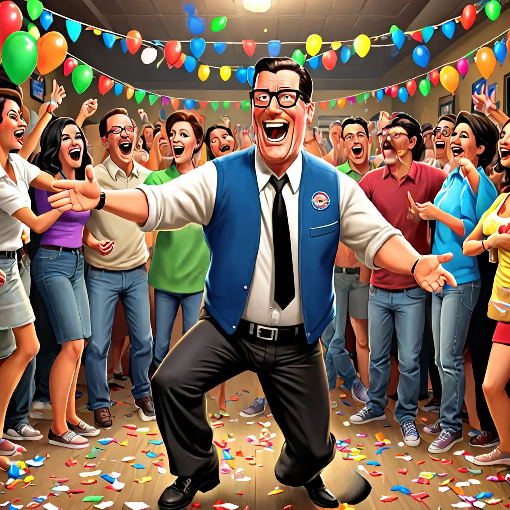 a man in a suit and tie dancing in front of a crowd of people with balloons and streamers, american scene painting, a digital rendering, Doug Ohlson, behance hd