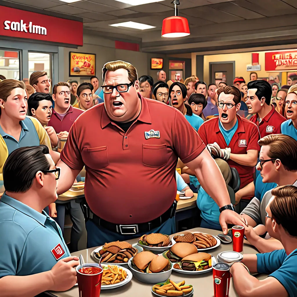 a man standing in front of a table full of food with a large group of people watching him eat, american realism, a digital rendering, Al Feldstein, ultra realistic illustration