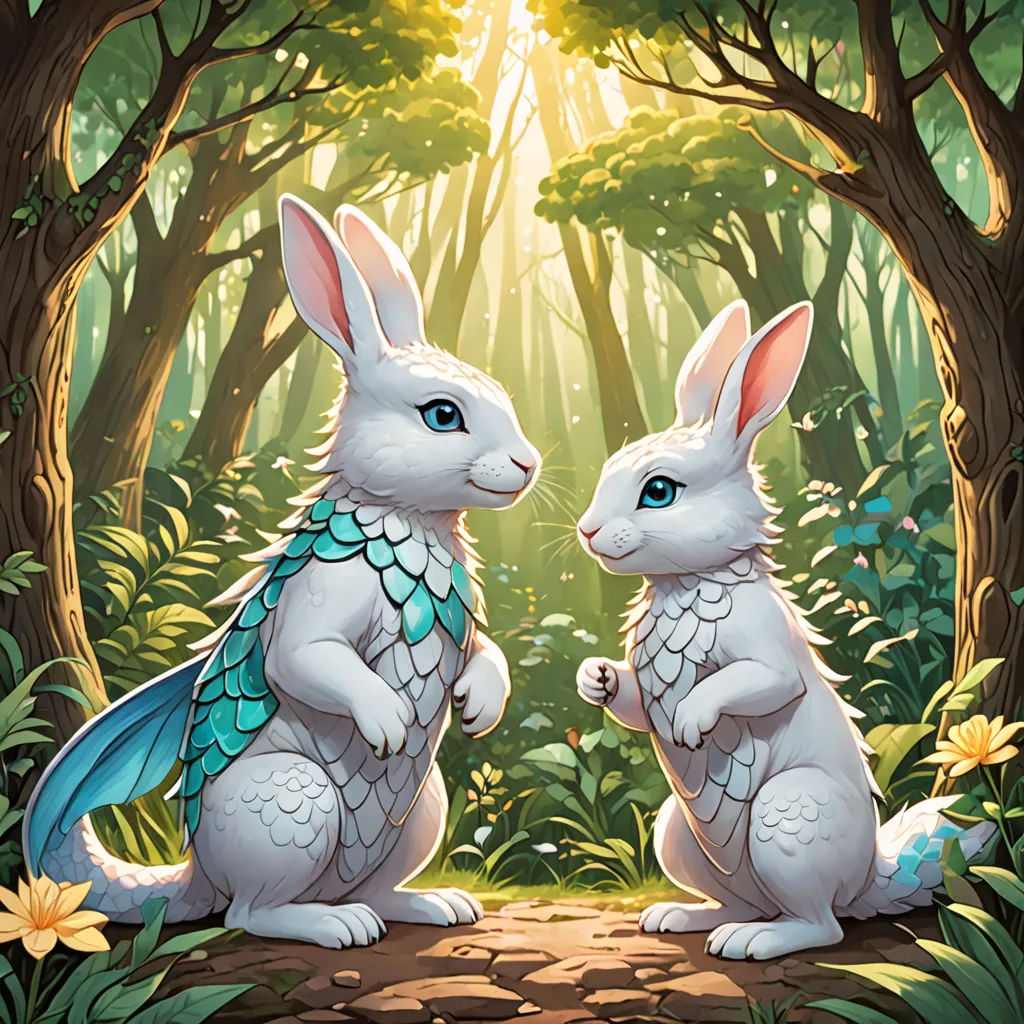 two white rabbits sitting in the middle of a forest with sunlight shining through the trees and flowers on the ground, altermodern, a storybook illustration, Anne Stokes, rossdraws global illumination