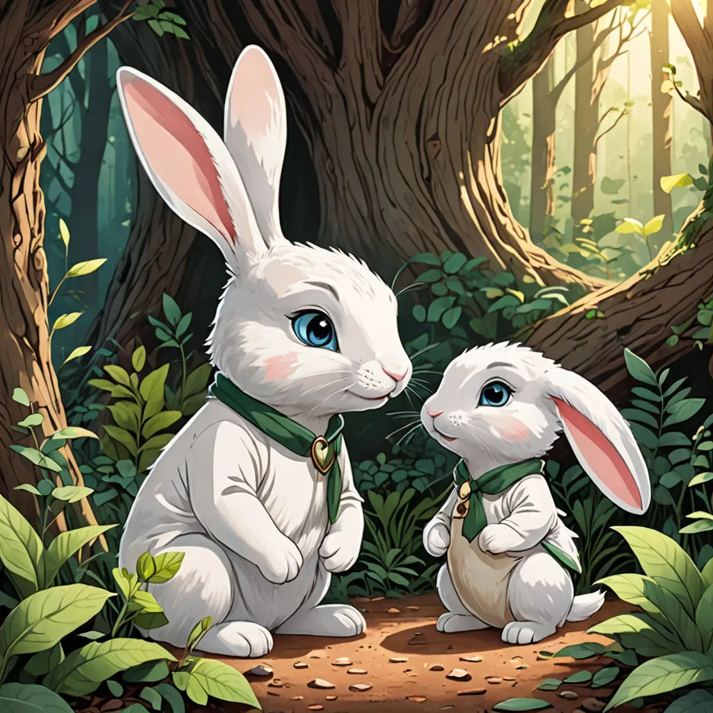 a couple of rabbits sitting next to each other in a forest with trees and leaves on the ground and one of them is facing the other, furry art, a storybook illustration, Beatrix Potter, official art