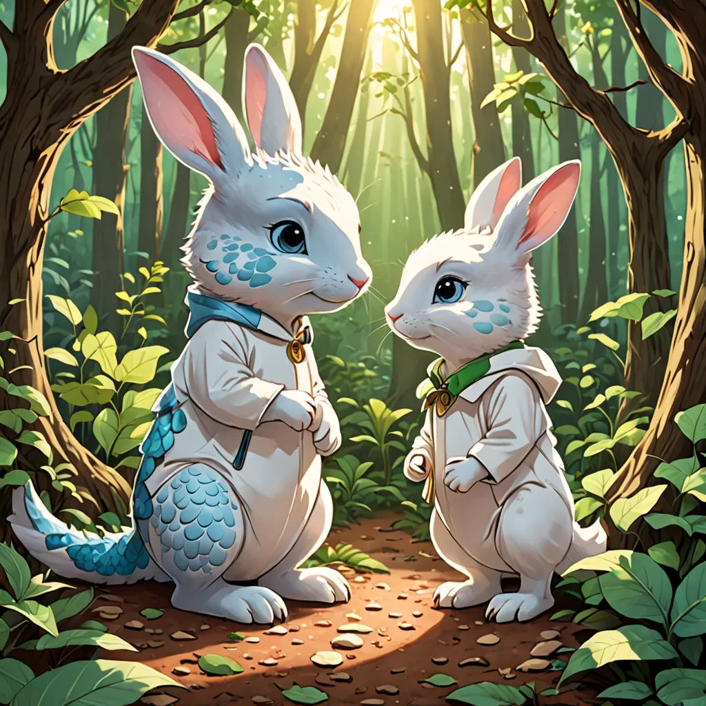 two rabbits in the woods with a forest background and sunlight coming through the trees and leaves on the ground, altermodern, an ultrafine detailed painting, Brothers Hildebrandt, rossdraws global illumination