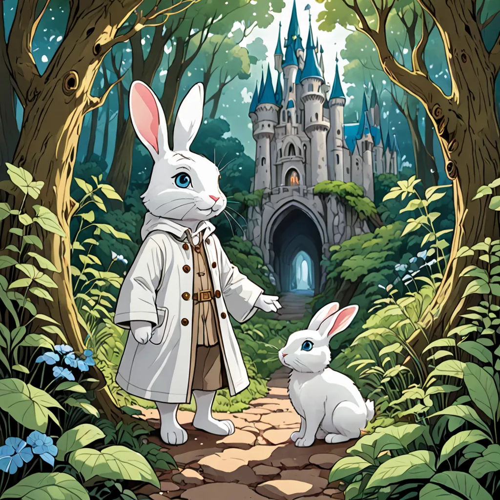 a cartoon of a rabbit and a bunny in a forest with a castle in the background and a person in a trench coat, fantasy art, a storybook illustration, Beatrix Potter, official art