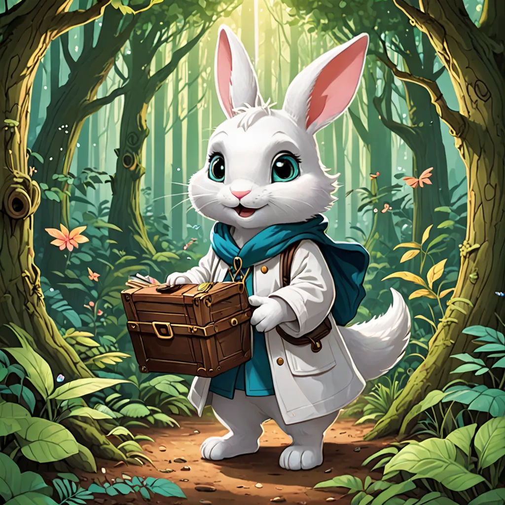 a cartoon bunny is holding a suitcase in a forest with leaves and trees around it, and a light shining through the trees, furry art, a character portrait, Aaron Jasinski, rossdraws global illumination