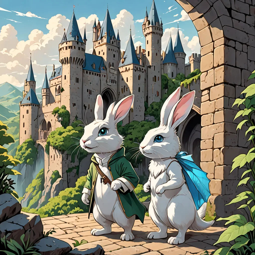 two rabbits dressed in costumes standing in front of a castle with a castle in the background and a castle in the background, fantasy art, a storybook illustration, Chris LaBrooy, rossdraws global illumination