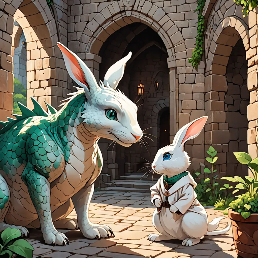 a white rabbit and a green dragon in a courtyard with a stone wall and archways and a brick walkway, fantasy art, a storybook illustration, Clint Cearley, magic the gathering artwork