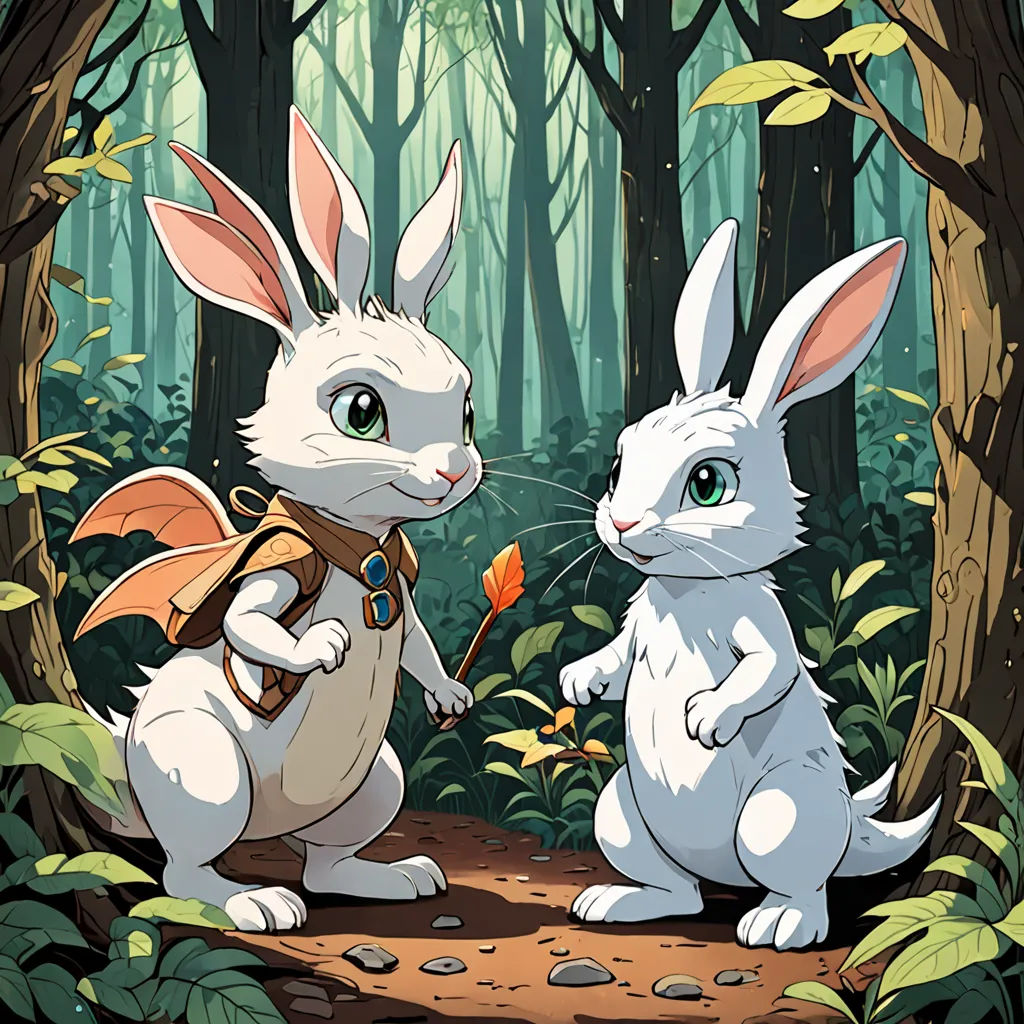 two rabbits in the woods with a leaf in their hand and a backpack on their back, one of them holding a carrot, fantasy art, a storybook illustration, Diego Gisbert Llorens, rossdraws global illumination