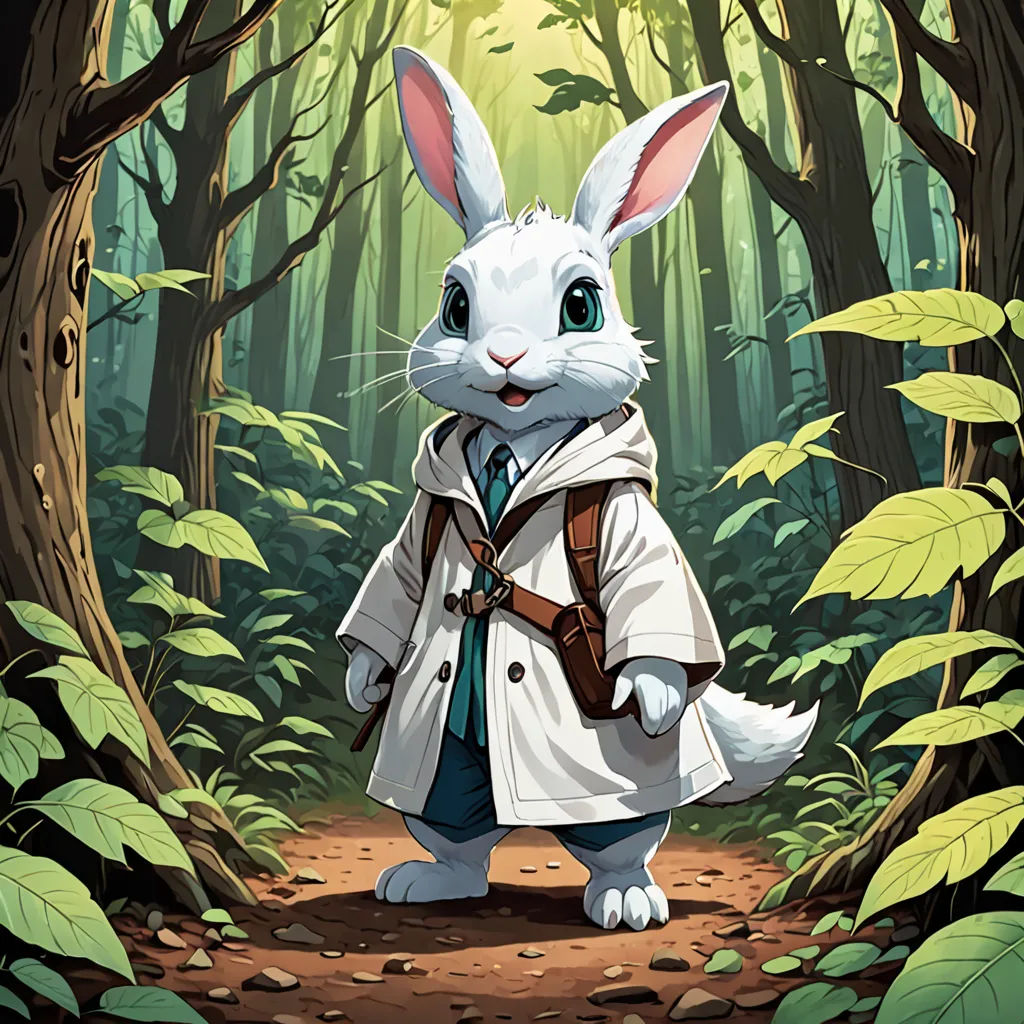 a rabbit dressed in a trench coat and tie in a forest with leaves and trees, with a forest background, altermodern, a character portrait, Chris LaBrooy, magic the gathering artwork