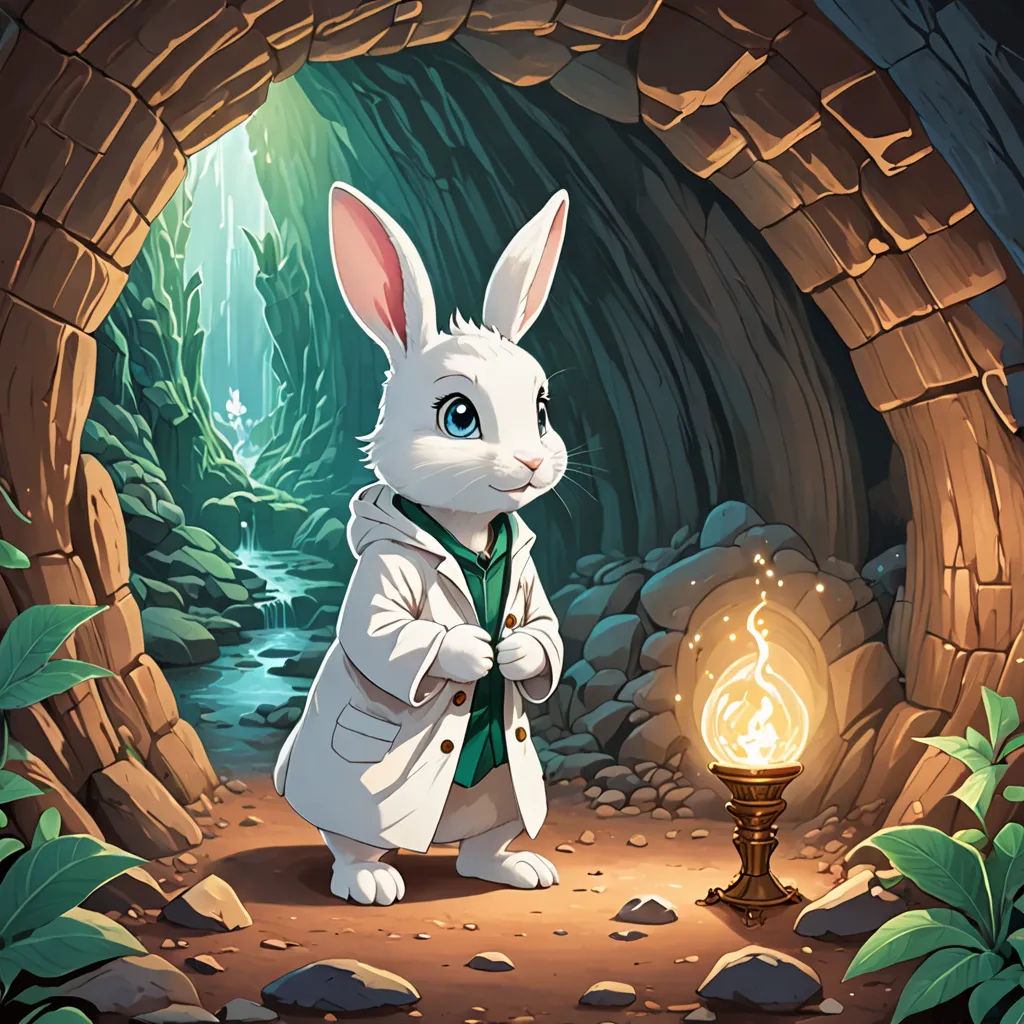 a rabbit in a white coat standing in a cave next to a lamp and a lantern on a table, fantasy art, a storybook illustration, Beatrix Potter, rossdraws global illumination