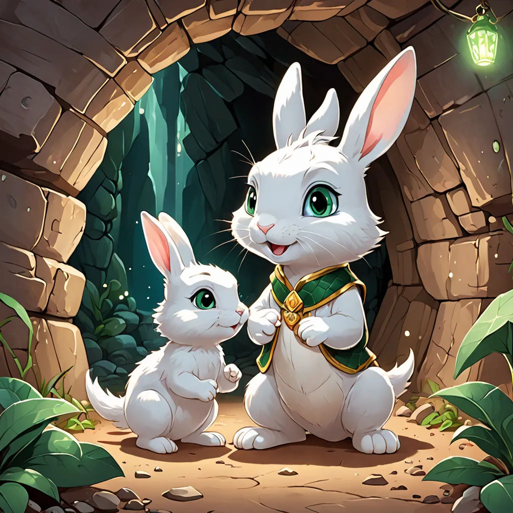 a couple of white rabbits standing next to each other in front of a cave entrance with a light on, temporary art, a storybook illustration, Chris Rallis, rossdraws global illumination