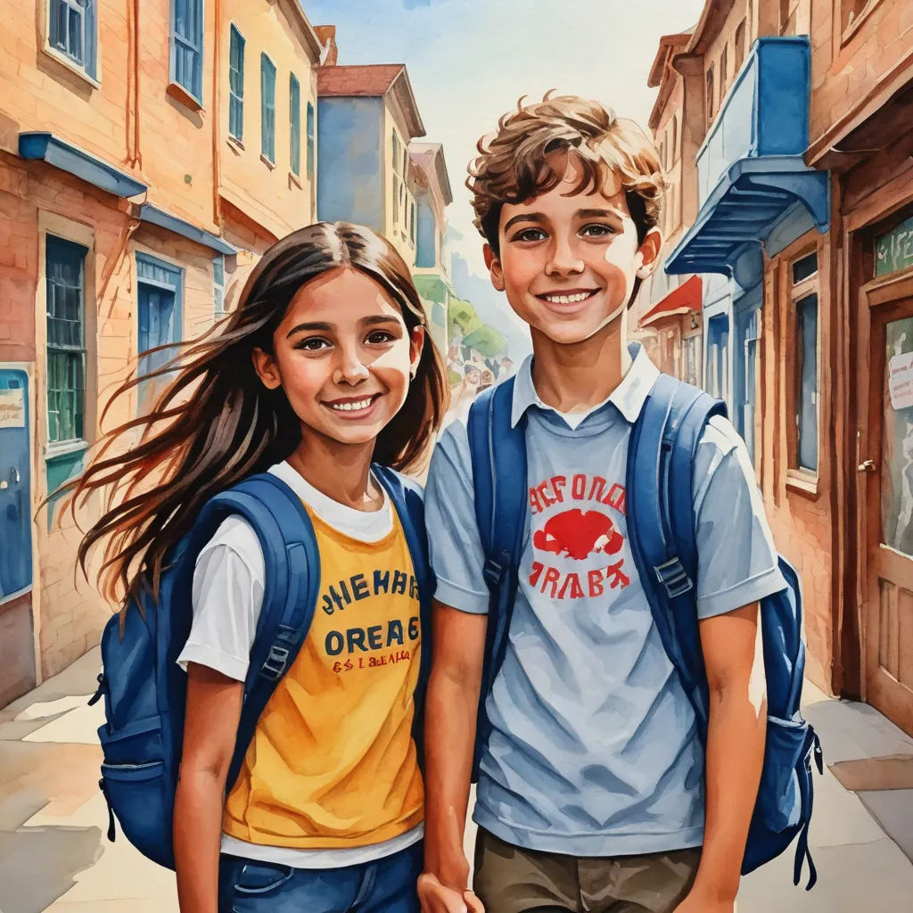 a painting of two children standing in front of a building with a backpack on their shoulders and a backpack on their shoulder, photorealism, an oil on canvas painting, Bob Byerley, highly detailed oil painting