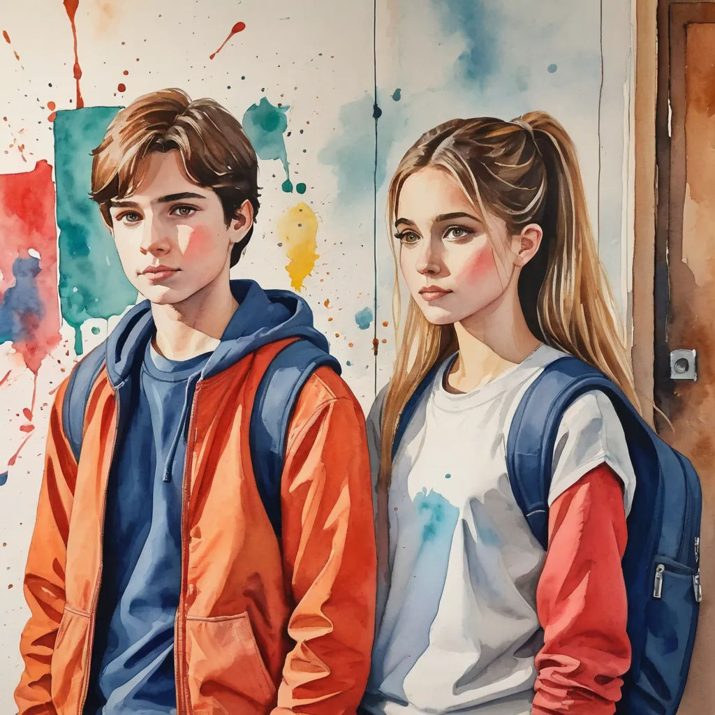a painting of two people standing next to each other in front of a wall with paint splatters, hyperrealism, a hyperrealistic painting, Diego Gisbert Llorens, in gouache detailed paintings
