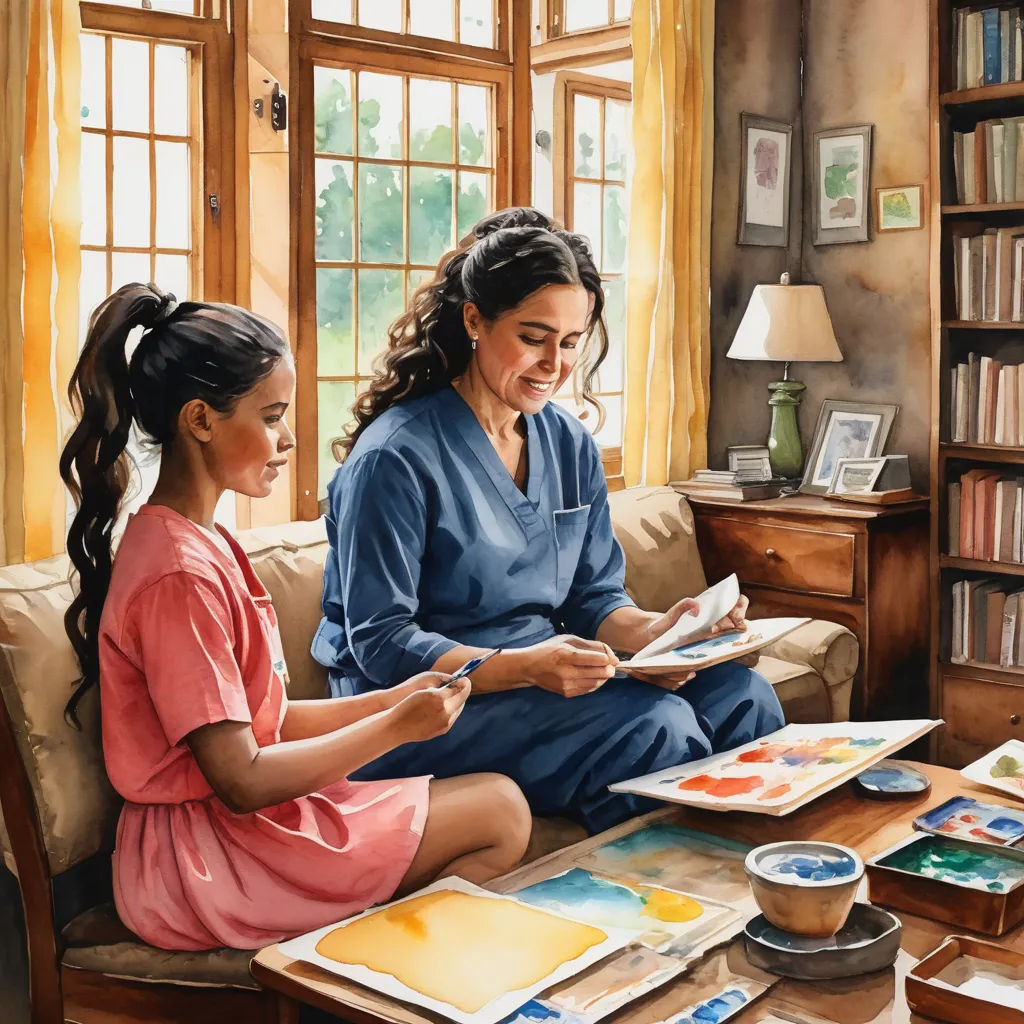 a painting of two women sitting on a couch in a living room with books and paintings on the table, american scene painting, a storybook illustration, Carol Sutton, detailed painting