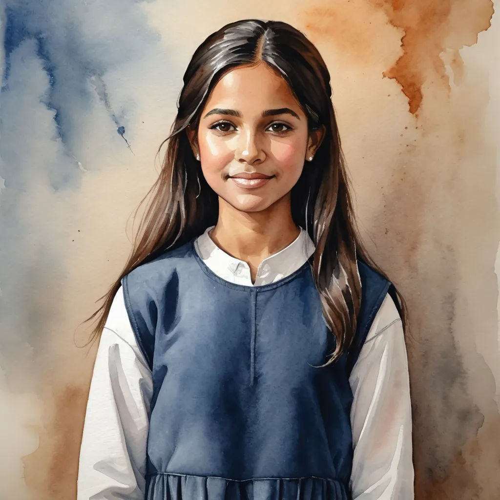 a painting of a girl in a blue dress with a white shirt and a blue tie and a brown background, figurative art, a detailed painting, artist, detailed painting