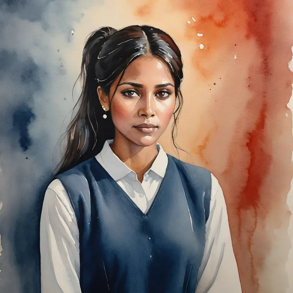 a painting of a woman in a blue vest and white shirt with a tie on her neck and a red and blue background, bengal school of art, a watercolor painting, Christabel Dennison, photorealistic portrait