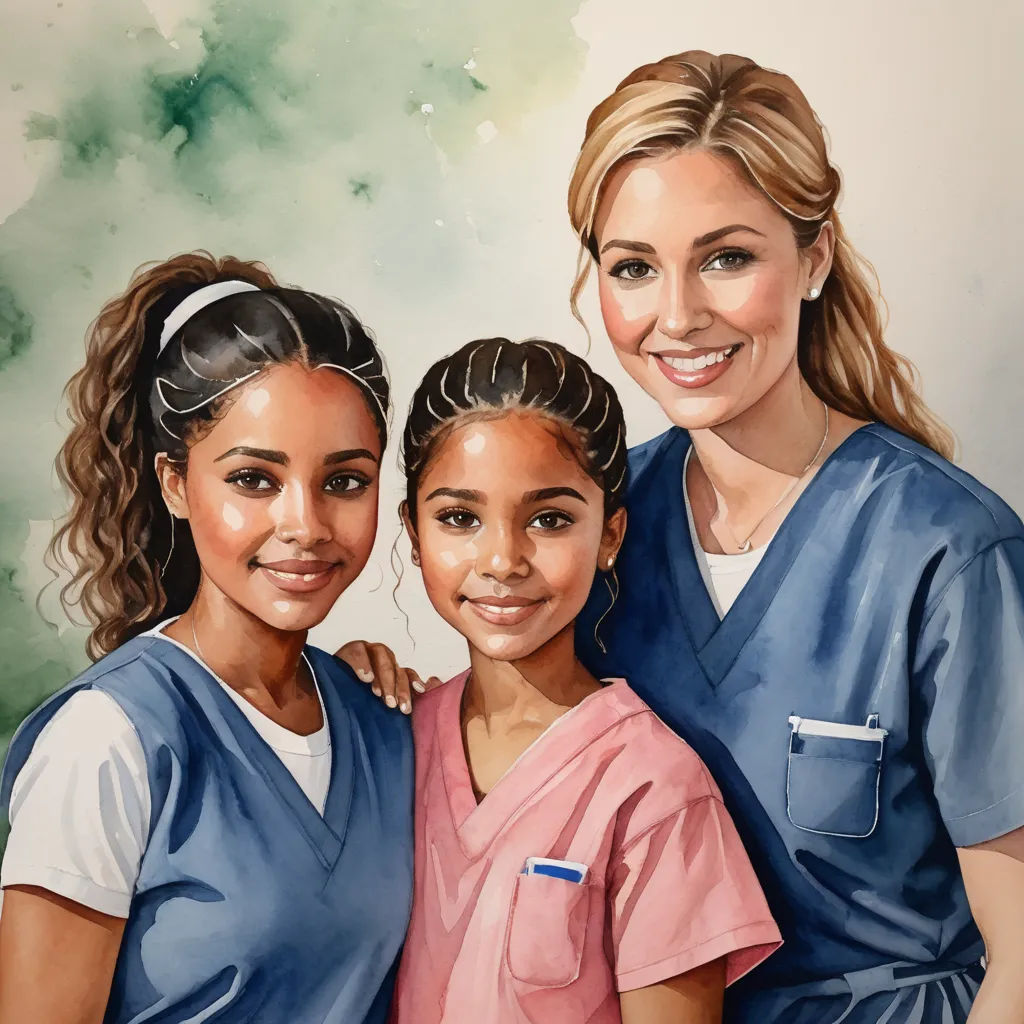a painting of two girls and a woman in scrubs and scrubs on a white background with green and blue watercolor stains, american scene painting, a photorealistic painting, Caroline Lucy Scott, professional digital painting