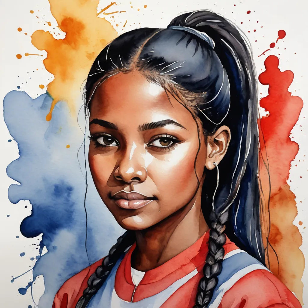 a painting of a girl with braids and a red shirt on, with a blue and yellow background, figurative art, a watercolor painting, Constance Gordon-Cumming, photorealistic portrait