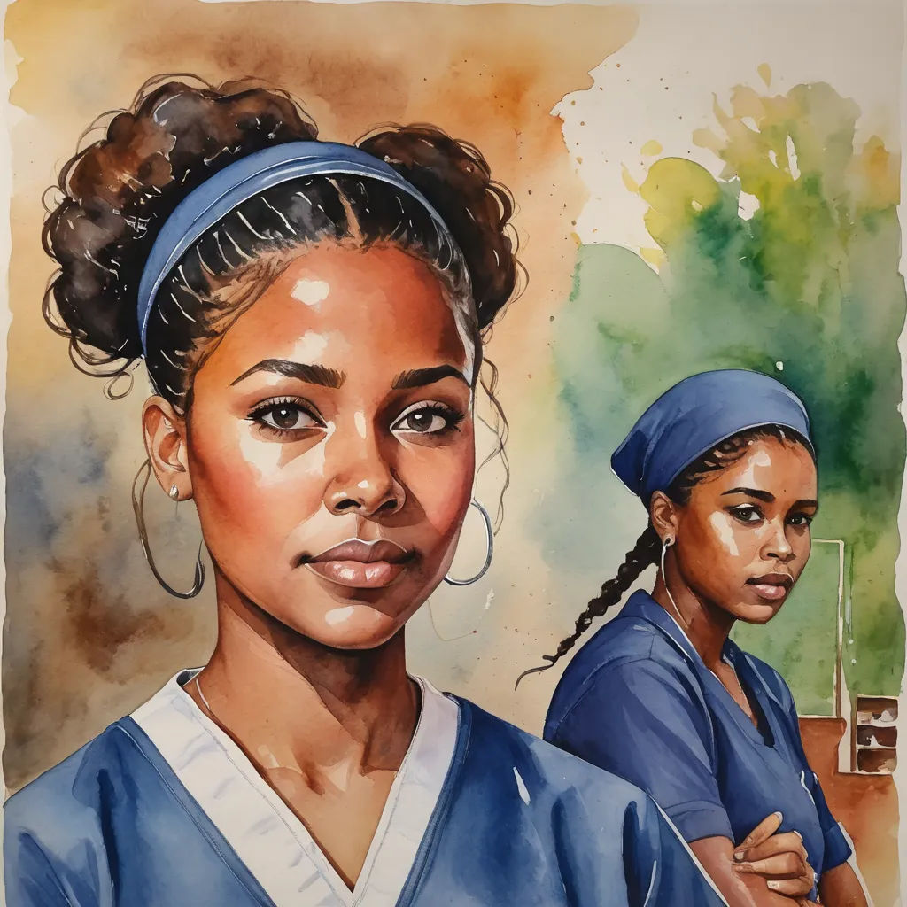 a painting of two women in scrubs and a blue shirt with a ponytail and a blue top with a white shirt, american scene painting, a watercolor painting, Ernie Barnes, official art