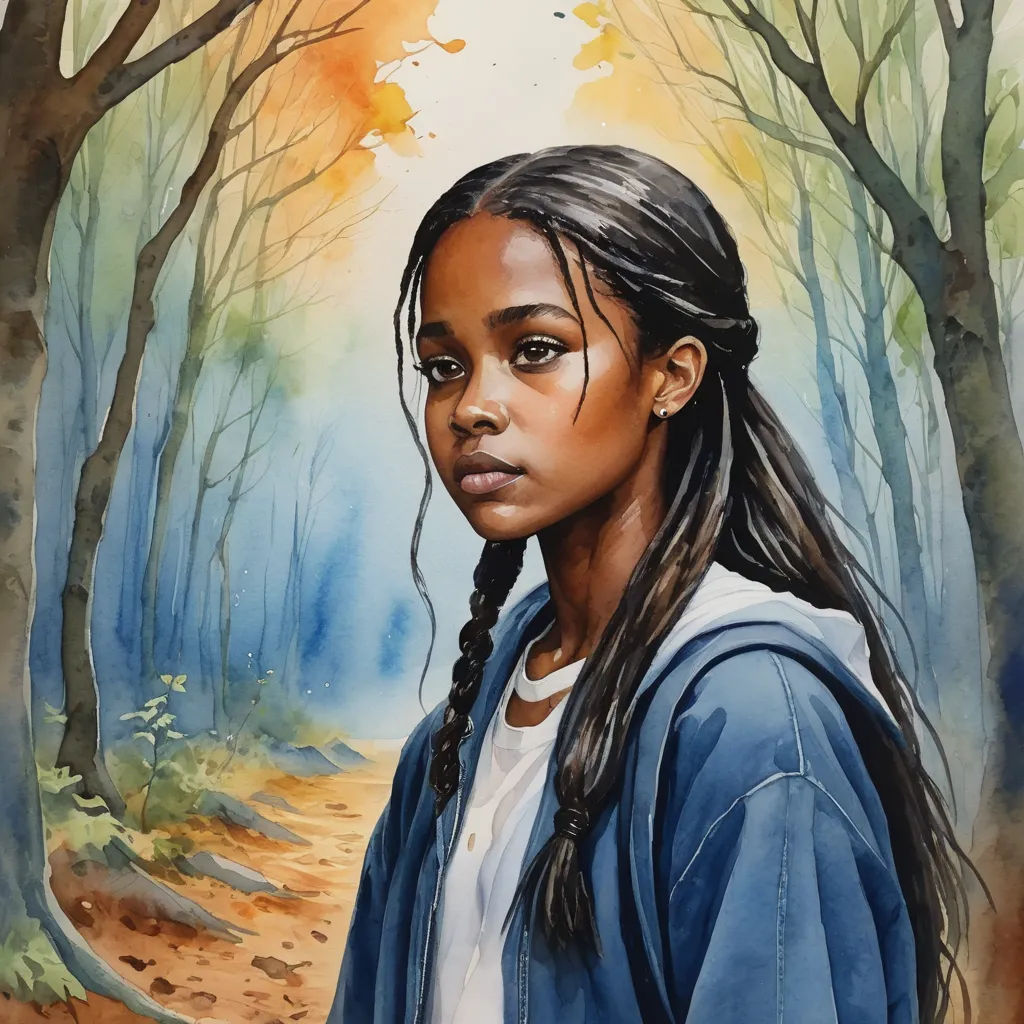 a painting of a girl in a forest with trees and leaves on the ground, with a blue jacket on, american realism, a painting, Craig Davison, in gouache detailed paintings