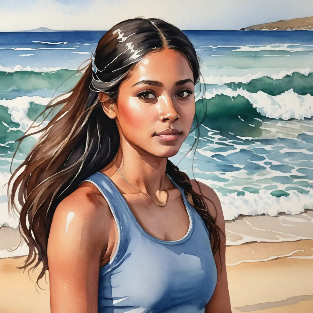 a painting of a woman standing on a beach next to the ocean with waves crashing in the background and a blue sky, figurative art, a detailed painting, Eric Zener, in gouache detailed paintings