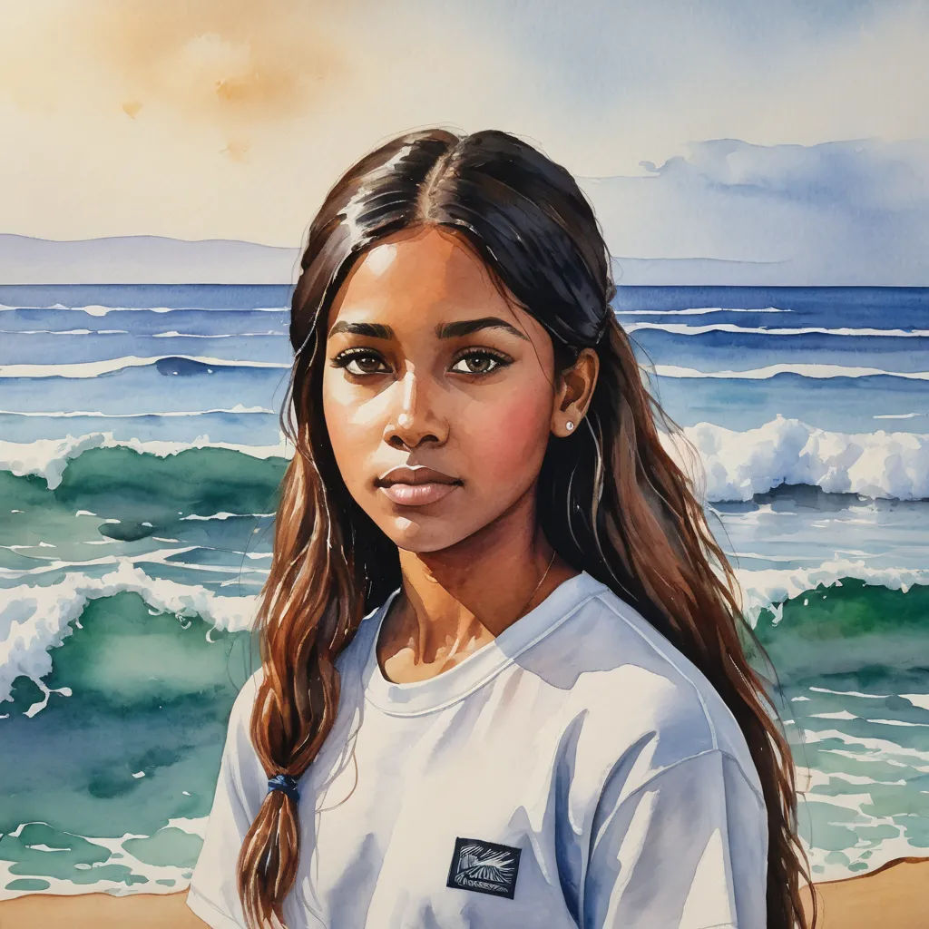 a painting of a girl standing on a beach next to the ocean with waves coming in and a sky in the background, figurative art, a watercolor painting, Eric Zener, in gouache detailed paintings