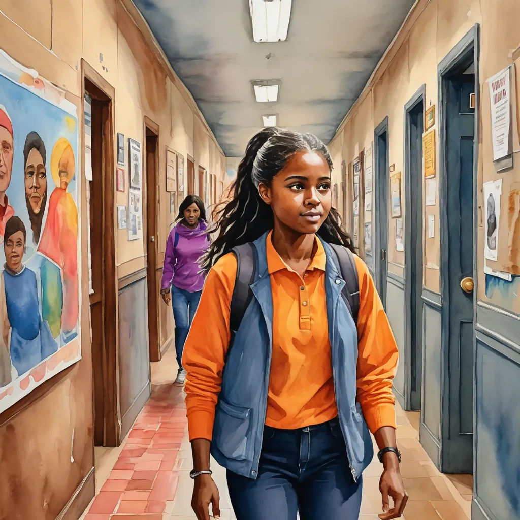 a painting of a girl walking down a hallway with a backpack on her back and a painting of a woman on the wall behind her, american scene painting, a photorealistic painting, Drew Struzan, highly detailed digital painting