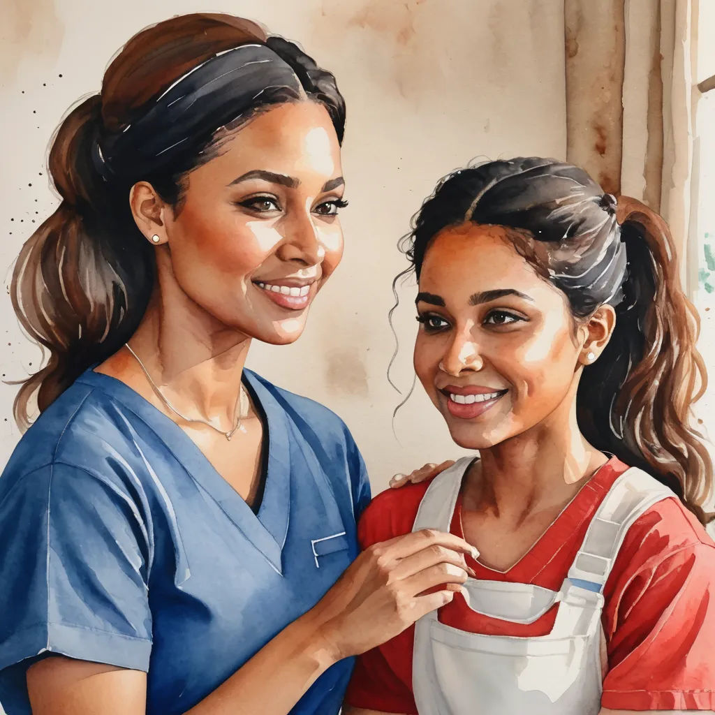 a painting of two women in scrubs and aprons smiling and holding a spoon in their hand,, american scene painting, a photorealistic painting, Eric Zener, in gouache detailed paintings