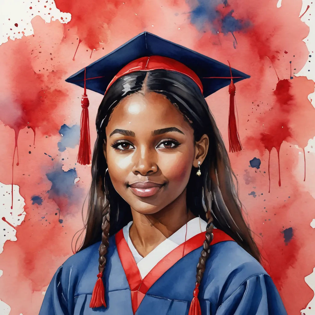 a painting of a girl in a graduation cap and gown with a red background and watercolor stains on the wall, american realism, a photorealistic painting, Constance Gordon-Cumming, in gouache detailed paintings