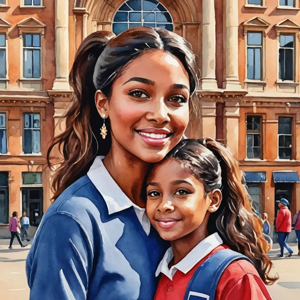 a painting of a woman and a girl in front of a building with a large window and a clock, figurative art, a photorealistic painting, Colin Middleton, extremely detailed oil painting