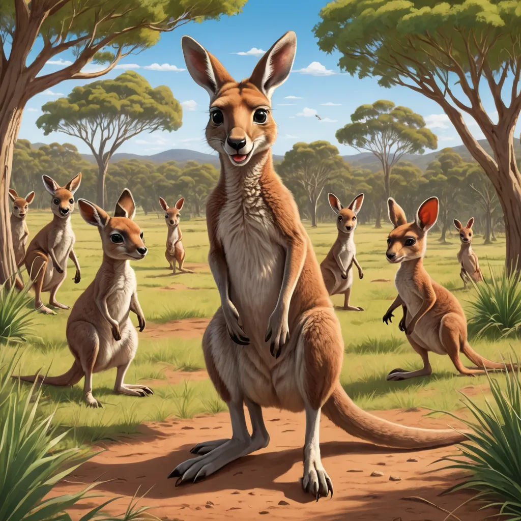 a painting of a kangaroo and its babies in a field of grass and trees with a sky background and a blue sky, furry art, an illustration of, Chris LaBrooy, official art