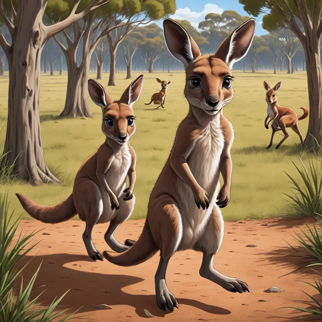 a painting of two kangaroos in a field with trees and grass in the background, and a kangaroo in the foreground, furry art, an illustration of, Chris LaBrooy, official art