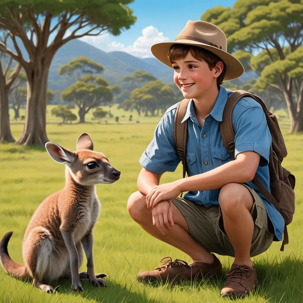 a boy in a hat and backpack with a kangaroo in a field of grass and trees behind him, with a kangaroo in the foreground, photorealism, a storybook illustration, Bob Byerley, promotional image