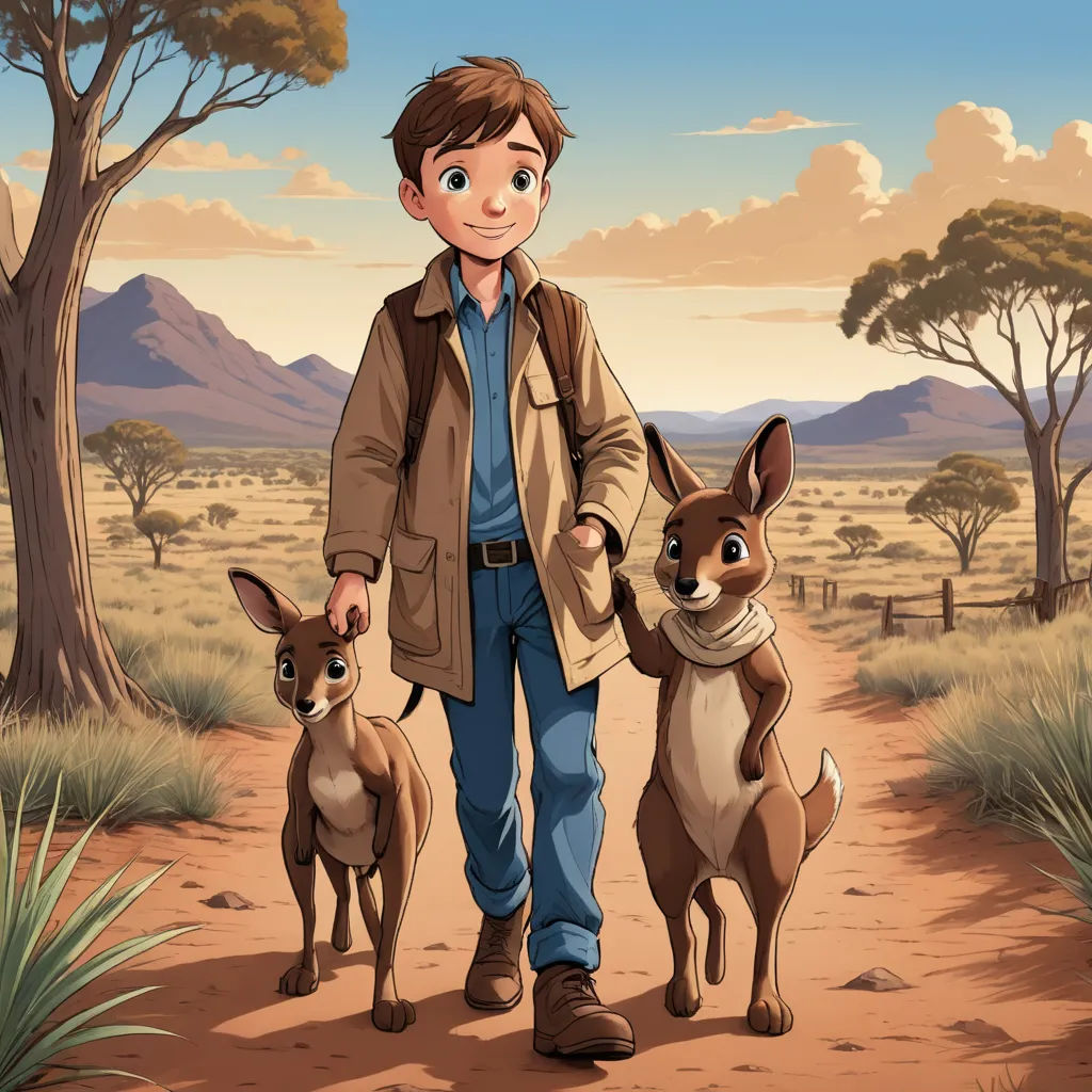 a man standing next to two small dogs on a dirt road in a desert area with trees and mountains in the background, furry art, a storybook illustration, Anson Maddocks, promotional image