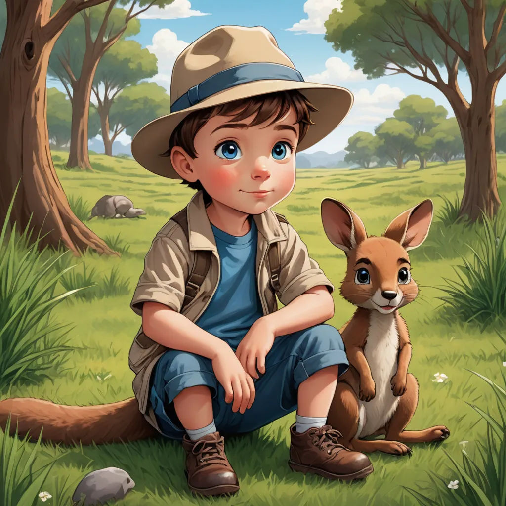 a boy sitting next to a kangaroo in a field of grass and trees with a sky background and a cartoon kangaroo, lyco art, a storybook illustration, Anson Maddocks, storybook illustration