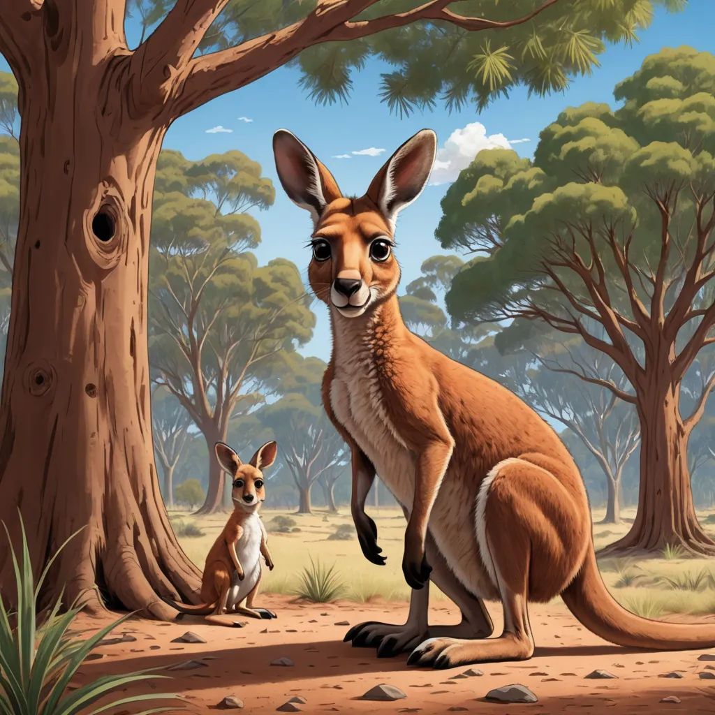 a painting of a kangaroo and a kangaroo in a forest with a baby kangaroo in the foreground and a larger kangaroo in the background, australian tonalism, a storybook illustration, Chris LaBrooy, rossdraws global illumination