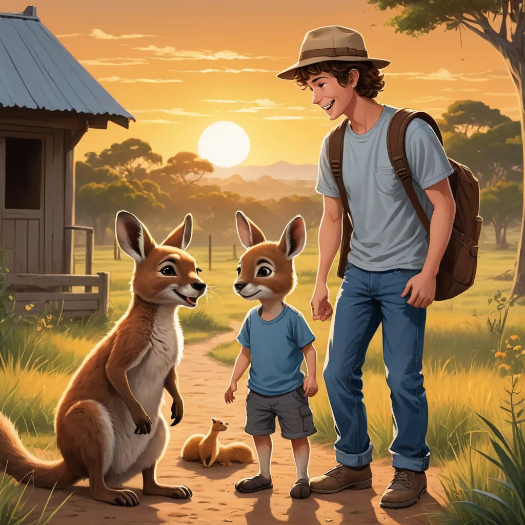 a man and a boy are standing next to a kangaroo and a kangaroo cub in a field with a hut, furry art, a storybook illustration, Chris LaBrooy, storybook illustration