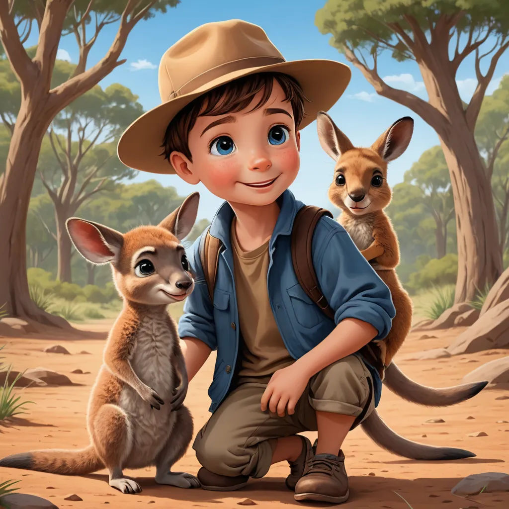 a boy in a hat and a kangaroo and a kangaroo in a forest with trees and bushes behind him, lyco art, a storybook illustration, Diego Gisbert Llorens, official art