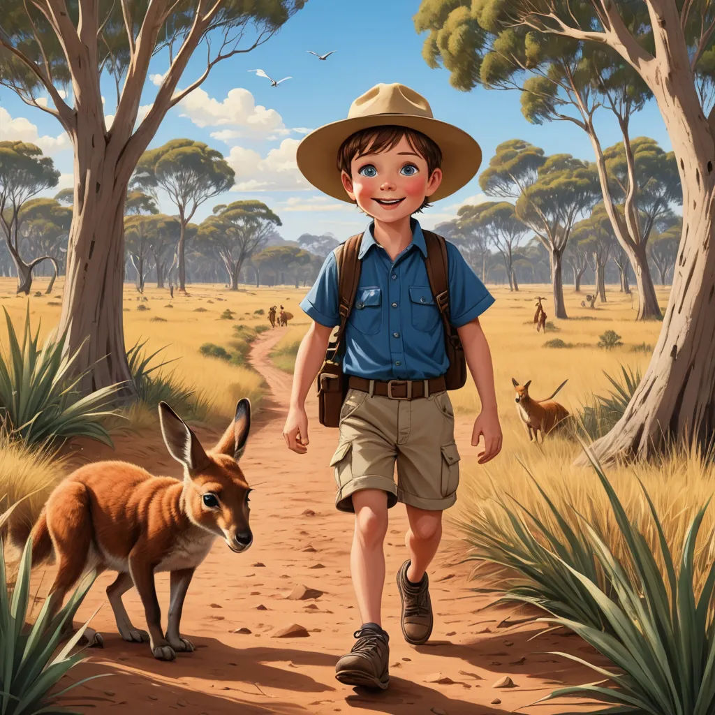 a painting of a boy walking with a kangaroo in the background and a kangaroo in the foreground, and a kangaroo in the background, fantastic realism, a storybook illustration, Anson Maddocks, official art