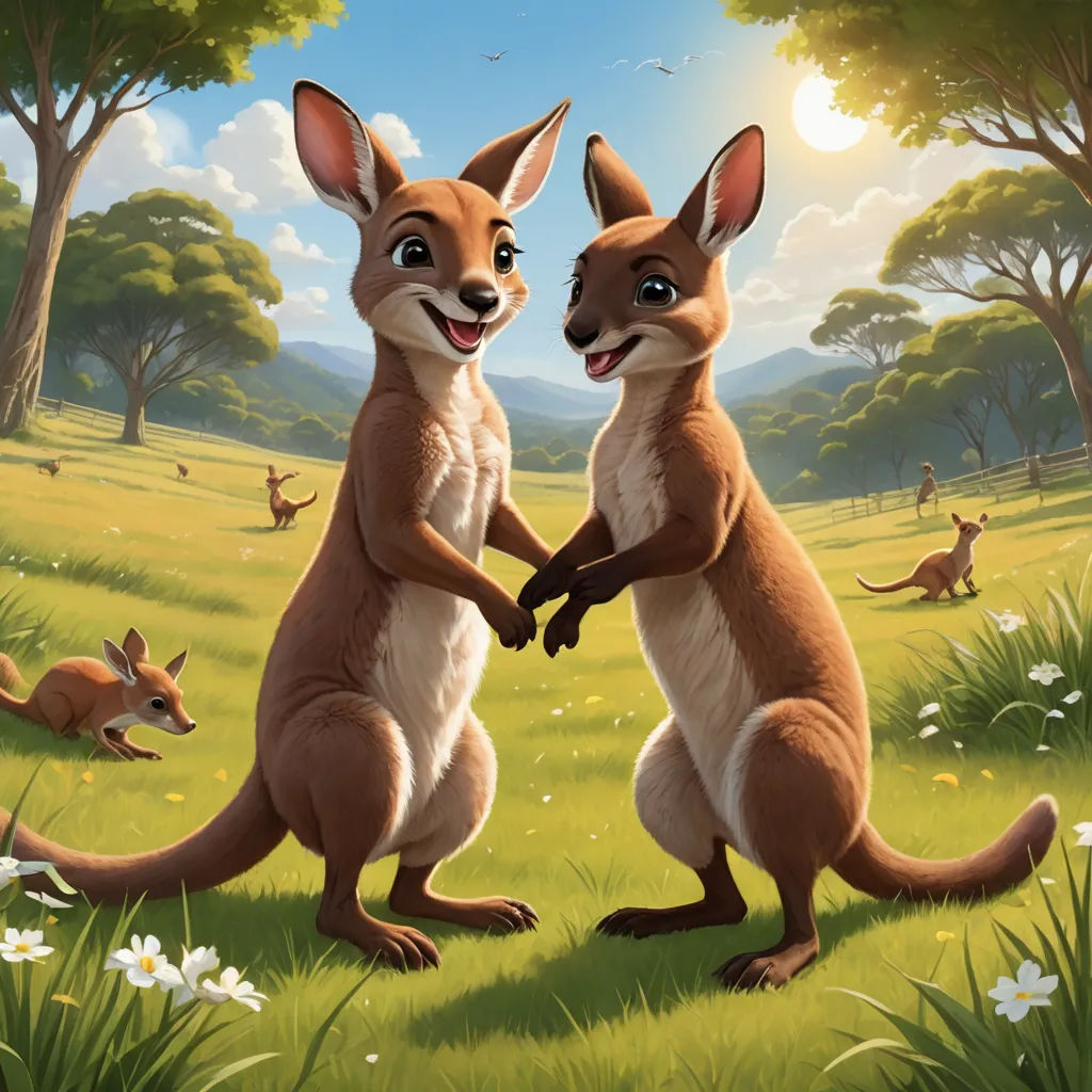 two kangaroos are standing in the grass with their hands together and one is holding the other's hand, furry art, a storybook illustration, Chris LaBrooy, official art