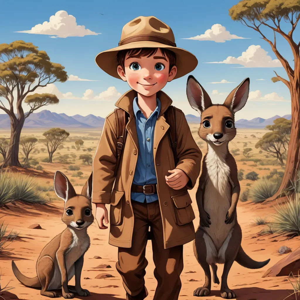 a boy in a hat and a kangaroo and a kangaroo in a desert landscape with trees and bushes in the background, lyco art, a storybook illustration, Anson Maddocks, promotional image