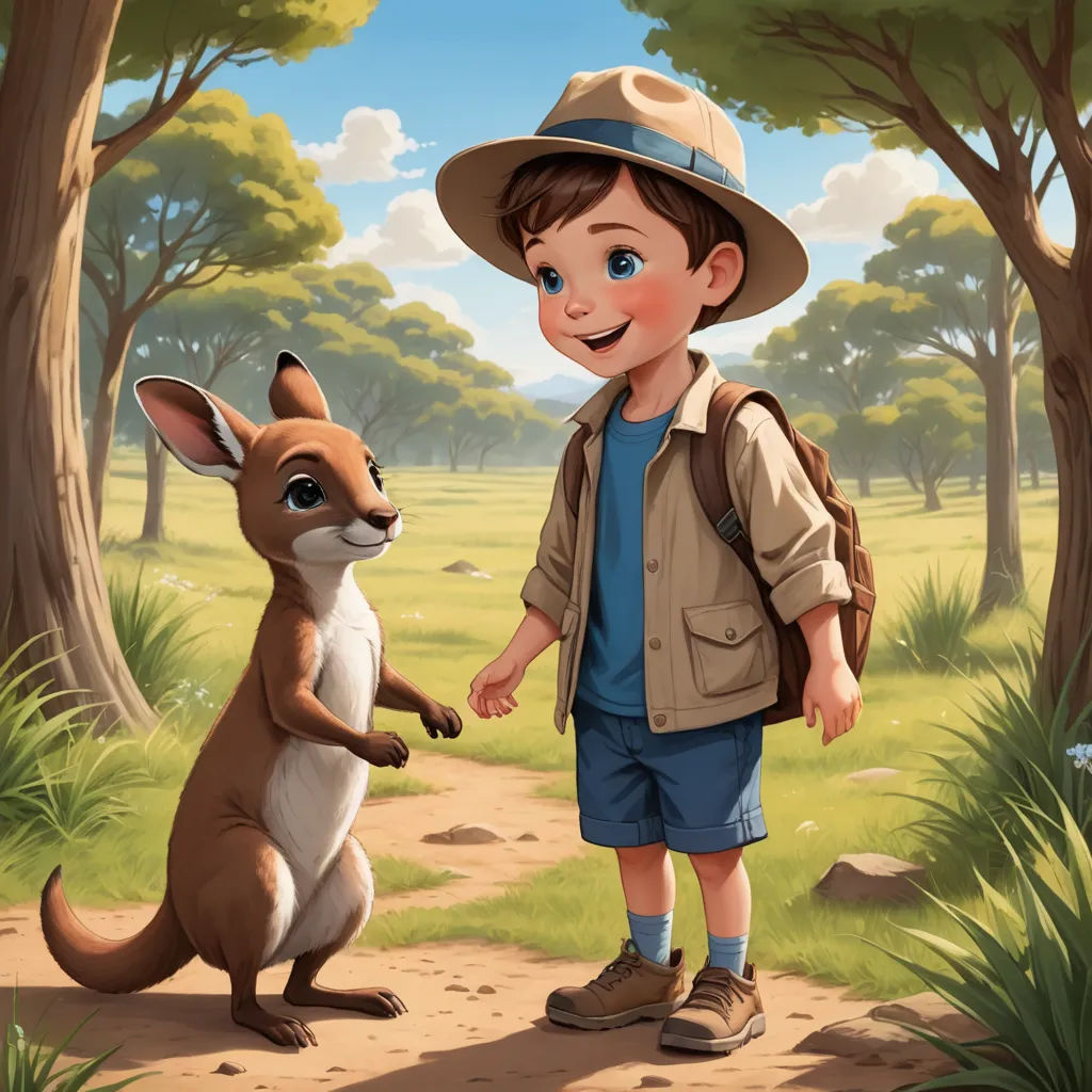a boy in a hat and a kangaroo in a field with trees and grass, holding hands with a boy in a hat, furry art, a storybook illustration, Diego Gisbert Llorens, storybook illustration