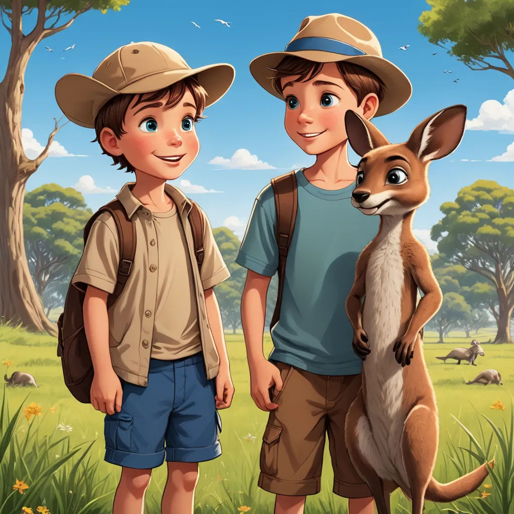 a boy and a boy are standing in the grass with a kangaroo on his back and a kangaroo on his shoulder, furry art, a storybook illustration, Elizabeth Durack, storybook illustration