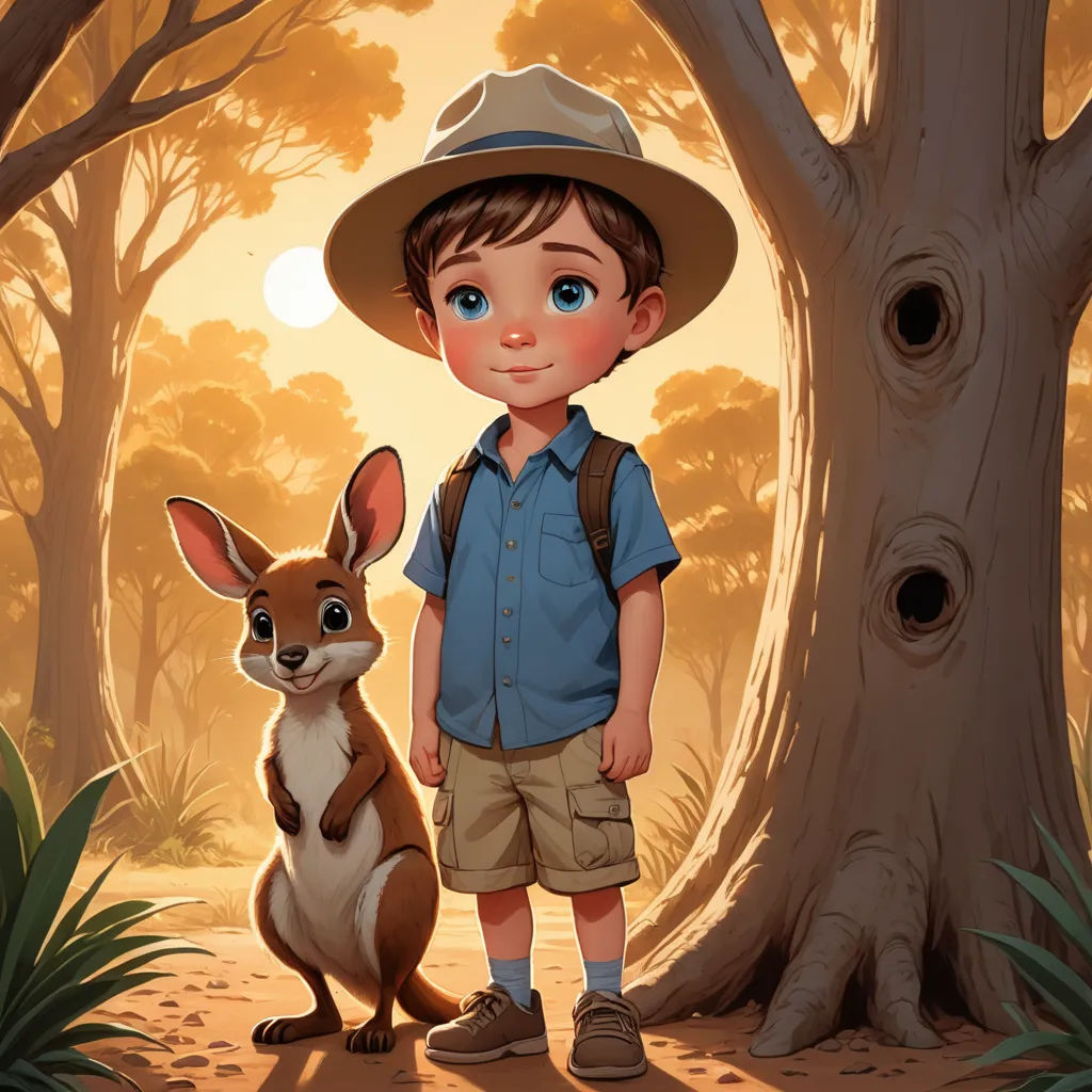 a boy in a hat standing next to a kangaroo in a forest with a tree and a sun in the background, furry art, a storybook illustration, Aaron Jasinski, rossdraws global illumination