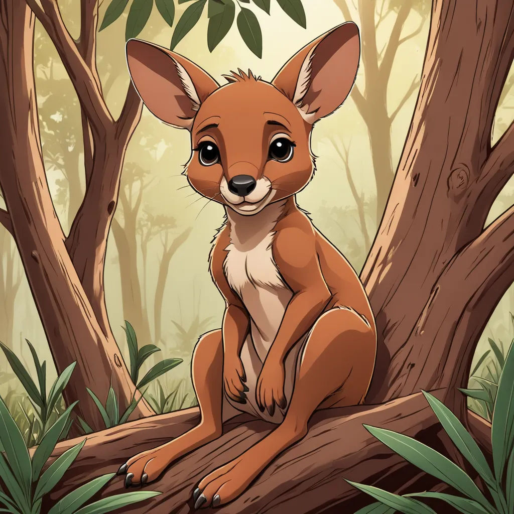 a small brown animal sitting on a tree branch in a forest with green leaves and a tree trunk with a few branches, furry art, a character portrait, Don Bluth, leesha hannigan