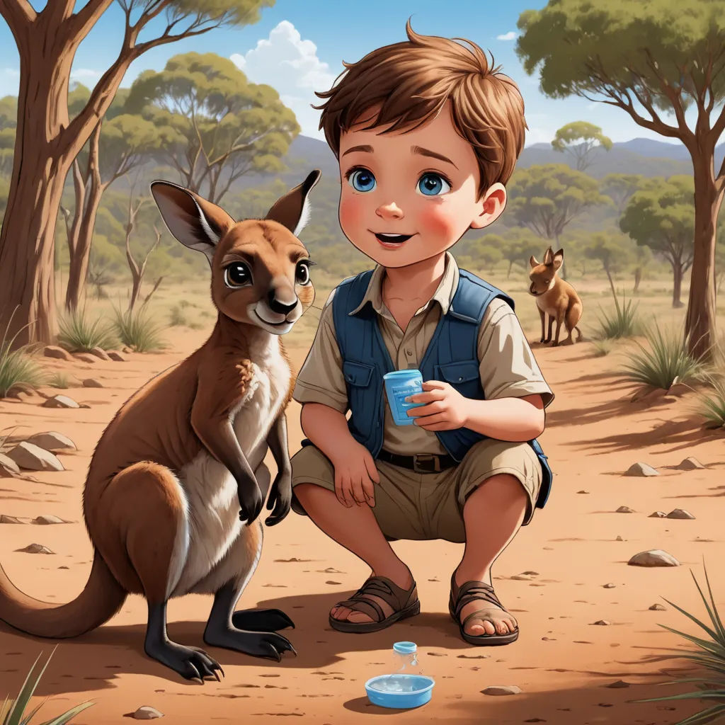 a boy is sitting next to a kangaroo and a cup of coffee in the desert with other animals around him, furry art, a storybook illustration, Diego Gisbert Llorens, storybook illustration